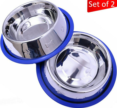 Set of 2 Etched Stainless Steel Dog Bowls, Easy to Clean with Non-Skid No-Tip Silicone Ring, Feeding Bowls for Dogs (2 Pak / 32oz Each Bowl)...