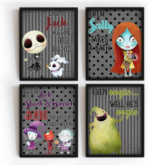 Silly Goose Gifts Character Themed Bathroom Wall Art Print Set - Even A Nightmare Will Brush Teeth Take A Bath Wash Hands- Funny Jack Bath Reminde...