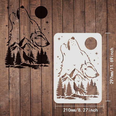 FINGERINSPIRE Wolf Stencils Decoration Template 11.7x8.3inch Plastic Forest Mountain Moon Drawing Painting Stencils A4 Reusable Stencils for Creat...