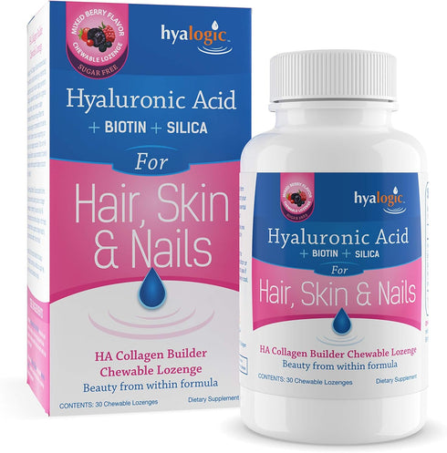 Hyalogic Hair Skin & Nails Hyaluronic Acid Collagen Builder – Delicious Berry Flavored Collagen Boost Chewable Lozenges – Sugar Free Vegan Collage...