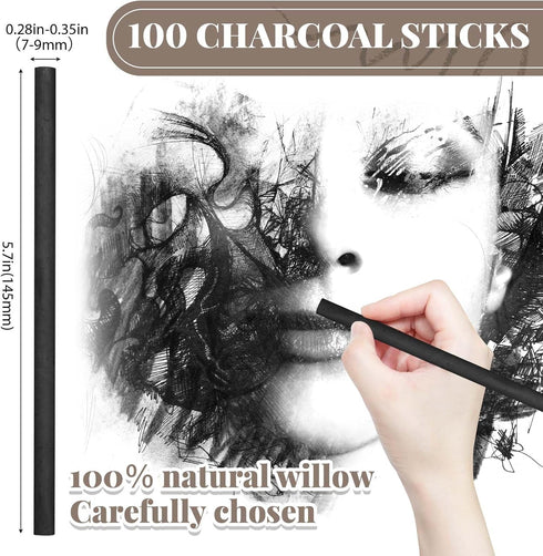 Gueevin 100 Pieces Willow Charcoal Sticks, Willow Charcoal, Soft Black Drawing Charcoal for Sketching and Drawing Art Sketch Artists Supplies, 5.7...