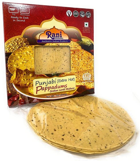 Rani Pappadums (Indian Lentil Wafer Snack) Punjabi Papad - Extra Hot, 7oz (200g) Approximately 15pc, 7 inches ~ All Natural | Gluten Friendly | NO...