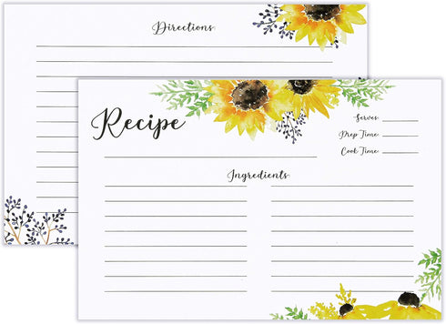 OUTSHINE Recipe Cards 3x5, Sunflower Design | Recipe Card Template for Recipe Box, Set of 50 | No-Smear Double Sided Rustic Recipe Cards Mason Jar...
