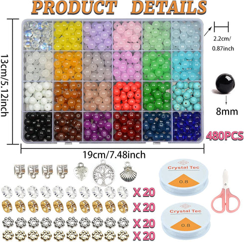JIYIEW 8mm Glass Beads for Jewelry Making,24 Color DIY Crystal Gemstone Loose Beads Bracelet Neacklace Making Kit Round Spacers Stone Turquoise Be...