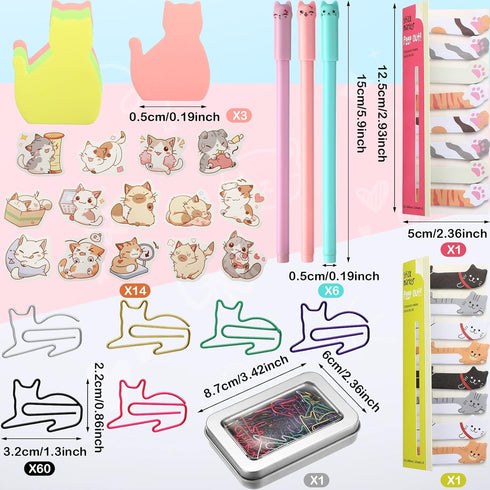 Cat Office Supplies Cat Sticky Notes Cat Paper Clips Cat Index Tabs Cat Gel Ink Pens Cat Shaped Bookmark Cartoon Cat Stickers Set for Cat Lovers K...