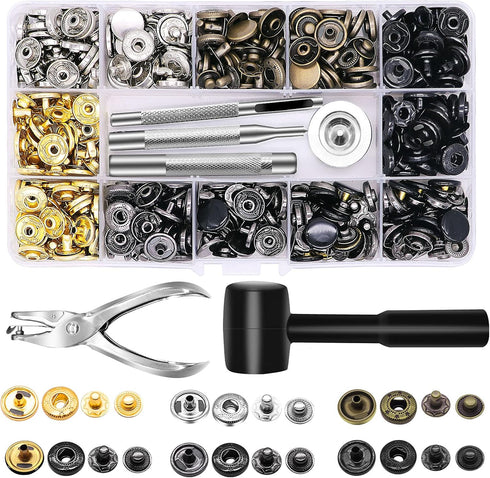 Alritz 120 Set Leather Snap Fasteners Kit with Hammer Puncher, 12.5mm Metal Button Snaps Press Studs with 4 Setter Tools for Clothes, Jackets, Jea...