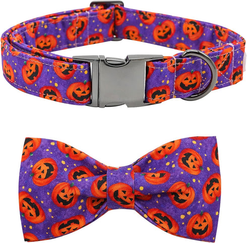 Dog Collar - Halloween Pumpkin Bowtie Dog Collar Gift Soft Bow Collar Pet Adjustable Metal Buckle Dog Collar for Large Dogs...