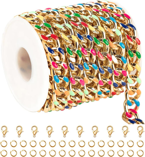 9.8 Feet Colorful Dripping Oil Cuban Chains for Jewelry Making, Gold Plated Aluminum Chain for Necklace Unwelded Twist Curb Chain Roll with Jump R...