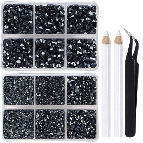 LPBeads 6400 Pieces Hotfix RhinestonesJet Hematite Flat Back 5 Mixed Sizes Crystal Round Glass Gems with Tweezers and Picking Rhinestones Pen...