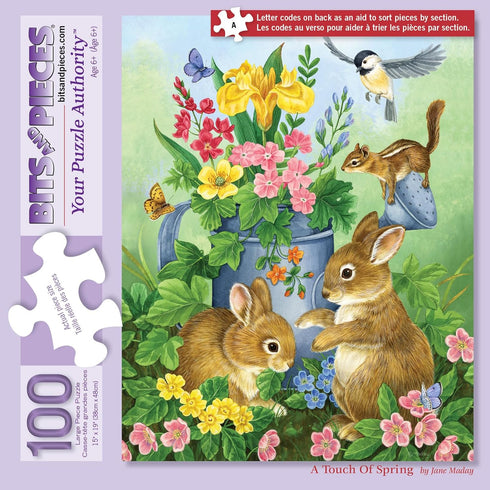 Bits and Pieces - 100 Piece Jigsaw Puzzle - A Touch of Spring by Artist Jane Maday - Cute Bunnies - 100 pc Jigsaw...