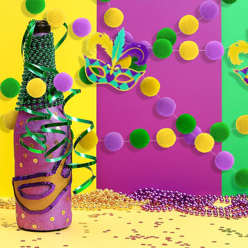 3 Pieces Pom Pom Garlands Mardi Gras Garlands Pompom Ball Banners Gold Purple Green Felt Ball Banners Mardi Gras Hanging Pom Pom Decorations for M...
