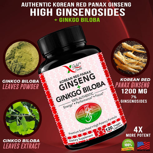 Korean Red Panax Ginseng 1200mg + Ginkgo Biloba -120 Vegan Capsules - High Ginsenosides Extra Strength Root Extract Powder Supplement for Energy, ...