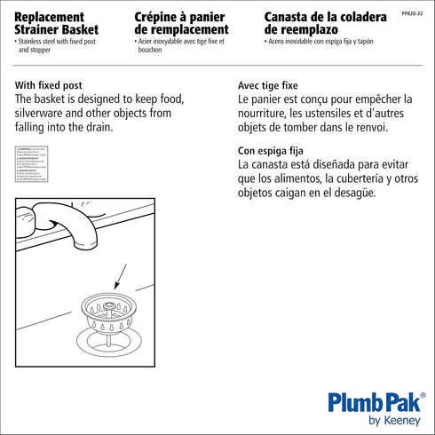 Plumb Pak PP820-22 PlumPak Replacement Sink Basket Strainer With Fixed Post And Stopper, Stainless Steel, No Size, Stainless-Steel...