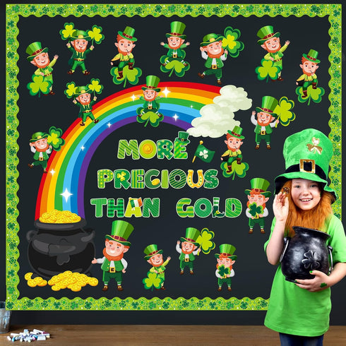 64 Pcs St. Patrick's Day Bulletin Board Decoration St. Patrick's Day Bulletin Board Cutout Lucky Shamrock Bulletin Board Border for Irish Clover C...
