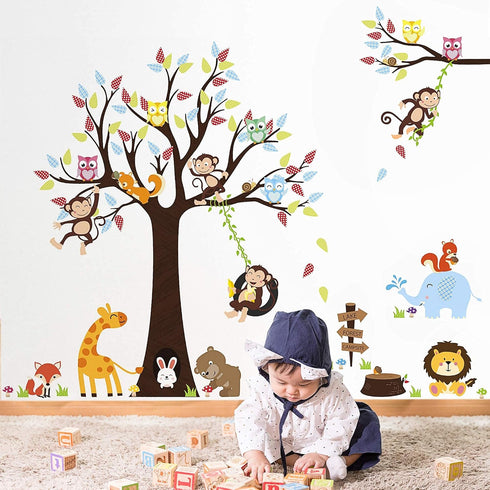 LiveGallery Cartoon Animals Wall Decals Removable Tree Wall Stickers DIY Owls Wall Art Cute Monkey Elephant Giraffe Wall Decal for Kids Boys Child...