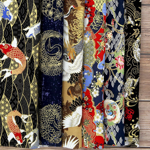Japanese Fabric,Asian Fabric Squares 6 PCS,6 Different Black Japanese Wrapping Cloth Fish Floral Red Crowned Crane Patterned Fabric Bundles 19.6 x...