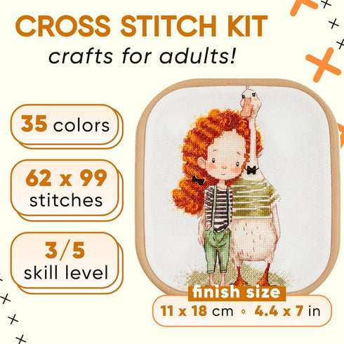 HobbyJobby Cross Stitch Kit Lucy and The Goose, Counted Cross Stitch Kit for Adults, Needlecraft and Embroidery Kit...