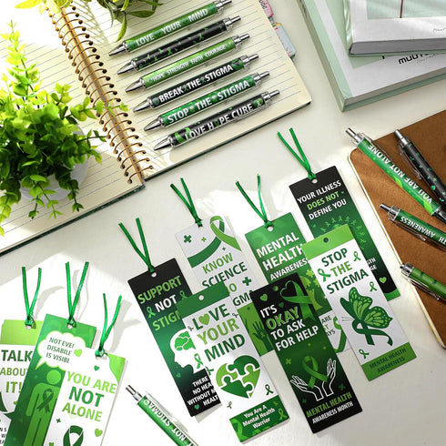 48 Pcs Mental Health Awareness Items Mental Health Awareness Pen World Mental Health Day Retractable Ballpoint Pen and Bookmarks Green Ribbon Pen ...