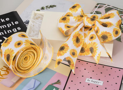 ATRBB Sunflower Wired Ribbon, Flower Sunflower Ribbon for Spring Summer Autumn Wreath, Wrapping and Home Decoration, 10 Yards by 2.5 Inches (Style...