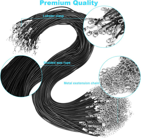 100Pcs Premium Leather Necklace Chains Bracelet Cord with Clasps for Pendants, Bulk Waxed Rope Necklace String, Black , 18" for Jewelry Making Sup...