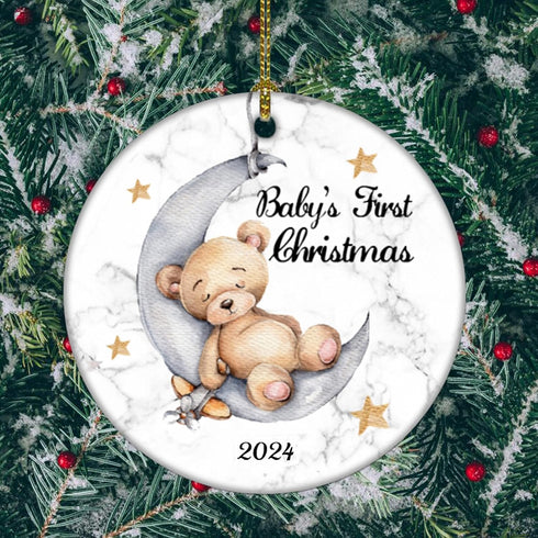 Baby's First Christmas 2025 Boy Bear on The Moon Baby Ornament Christmas Wedding Decoration Baby Ornament Newlywed 2025 (Yellow and White Baby Bea...