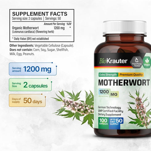 BIO KRAUTER Motherwort Capsules 1200 mg - 100 Count - Motherwort Herb Supplement - Promote Relaxation - Women’s Support Capsules...