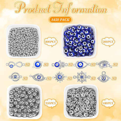 1450 Pcs Evil Eye Beads Set Eye Rhinestone Beads Kits Includes 200 Evil Eye Beads 20 Hand Evil Eye Charms 180 Rondelle Spacer Beads 800 4 mm and 2...