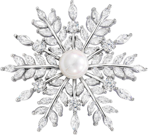 SELOVO Bridal Zircon CZ Bouquet Snowflake Simulated Pearl Brooch Pins Silver Tone...
