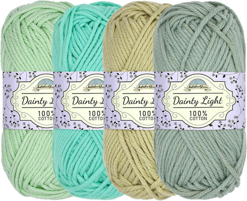 JubileeYarn Dainty Light Yarn - Worsted Weight Cotton - 100g/Skein - Shades of Green - 4 Skeins......