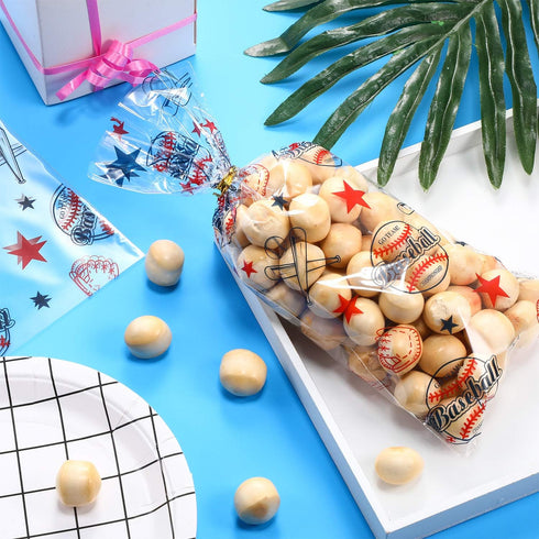 Chuangdi 100 Pack Cello Baseball Party Snack Bags Cellophane Baseball Treat Bags For Team Snacks Sports Goodie Pouches Birthday Party Supplies Fav...