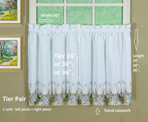 Today's Curtain Verona Reverse Embroidery Tier, 36", White/Blue, 60" W X 36" L...