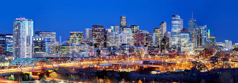 PHOTOSBYJON Denver Skyline 2018 Photo Print UNFRAMED Dusk from NW Color City Downtown 11.75 inches x 36 inches Broncos Photographic Panorama Poste...