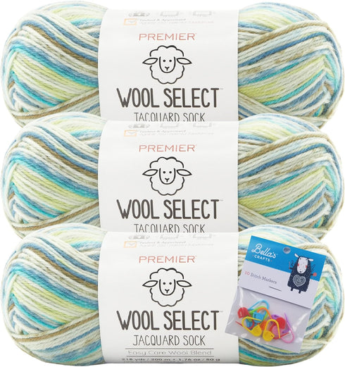 Premier Wool Select Jacquard Sock Yarn - Rainforest - 3-Pack Bundle with Bellas Crafts Stitch......