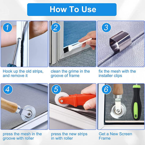 Window Screen Repair Kit Mesh Screen Spline Roller Repair Tools Kit with Screen Installer Clips and Spring Tension Clips, Metal and Plastic Spline...