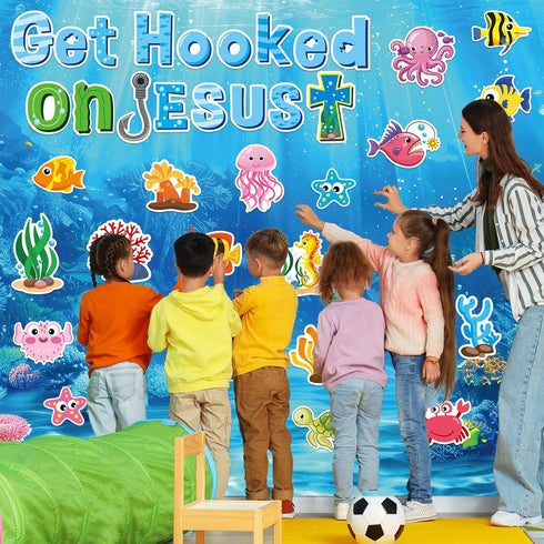 gisgfim Ocean Fish Bulletin Board Decorations with Background Paper Christian Sea Animals Cutouts Under The Sea Jesus Classroom Decor for Kids Sun...