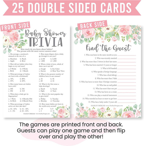 Hadley Designs Hilarious Baby Shower Games for Girls – 25 Double-Sided Cards for 25 Guests, 2 Games, Baby Trivia Baby Shower Game, Find The Guest,...