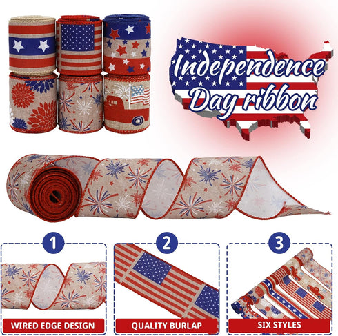 Patriotic Wired Edge Ribbon 36 Yards Red Blue White American Flag Ribbon 2.5 Inch 4th of July Stars Stripes Fabric Ribbon for Independence Day Mem...
