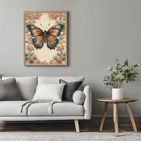 Posterizer 1 pcs- Orange and blue butterfly with wild red flowers-Art for Animal Lovers-Floral Botanical Art- Gift for Men Women Teens-Living Room...