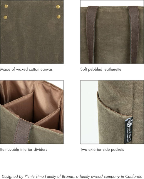 Legacy - a Picnic Time Brand, Bottle Insulated Wine Bag, Distressed Waxed Canvas Wine Tote Bag, Wine Gift Bag...