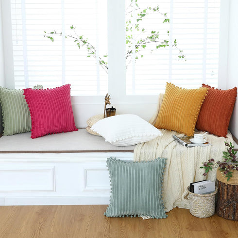 Green Pillow Covers 18x18 inch with Pom-poms Set of 2 Corduroy Farmhouse Boho Accent Decorative Throw Pillow Covers for Couch Bed Sofa...