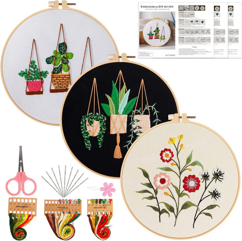 ojindiy 3Pack Embroidery Starter Kit with Pattern and Instructions, DIY Beginner Starter Stitch Kit Include 1Embroidery Hoop, 3 Embroidery Kit for...