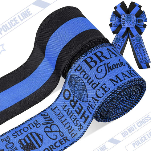 2 Rolls 20 Yards Police Support Wired Edge Ribbon, 2.5"Blue Black Stripe Police Badge Burlap Ribbon Memorial Day Patriotic Ribbons for Wreath Bow ...