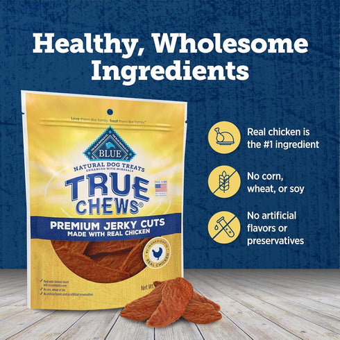 Blue Buffalo True Chews Premium Jerky Cuts Dog Treats, Made in the USA with Natural Ingredients and No Antibiotics Ever, Chicken, 4-oz. Bag...