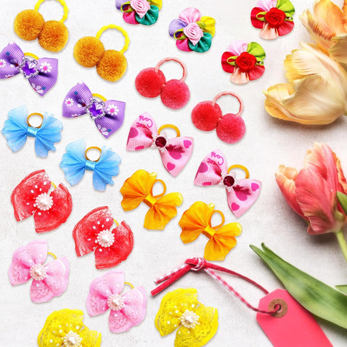 100pcs Dog Hair Bows, Bulk Cute Puppy Pet Small Dog Hair Bows with Rubber Bands, Mix Handmade Flower Puff Ball Rhinestone Pearls Dog Bows, Yorkie ...