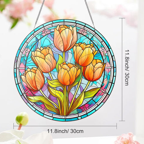 Tulips Acrylic Window Hangings 11.8”Acrylic Wall Decor Flower Stained Window Panel Indoor Outdoor Home Garden Ornaments Housewarming Gift with Met...