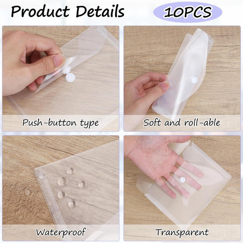 GoodSing Plastic Envelopes,10 Pack Clear Envelopes A6 Reusable Pouches Document File Organizer,Plastic Envelopes with Snap Closure for Money Recei...