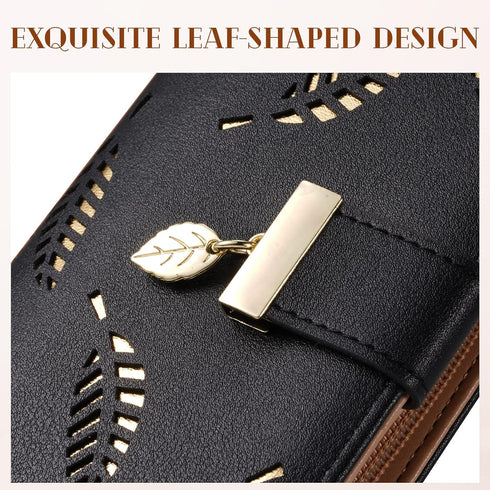 Women's Long Leaf Bifold Wallet Leather Card Holder Purse Zipper Buckle Elegant Clutch Wallet Handbag for Women - Black...