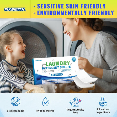 FIXSMITH Laundry Detergent Sheets - 100 Loads (50 Sheets) Fragrance Free - Hypoallergenic,Unscented,Eco Friendly Laundry Detergent Strips Concentr...