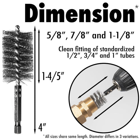 6pcs Copper Tube Pipe Cleaner for Fittings, 1/2” 3/4” 1” Pipe Cleaning Brush Set, Stainless Steel Wire Bore Brushes for Power Drill, 1/4 Inch Hex ...