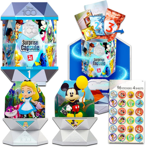 Disney Mystery Figurine for Kids - Bundle with Disney 100 Surprise Mystery Capsule with Figure and Accessories Plus Stickers | Disney 100 Collecti...